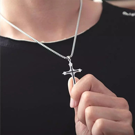 Mens Stainless Steel Cross Shape Pendant Necklace